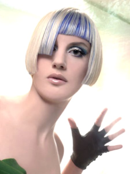 Bob cut for platinum blonde hair with blue streaks