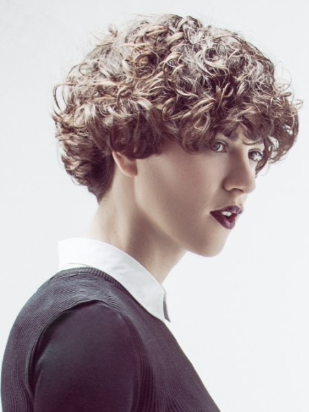 Short hairstyle with curls covering half the ear