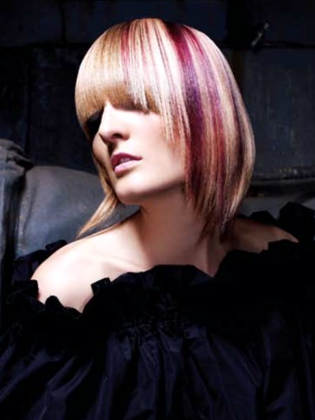 Medium-long blonde hair with purple streaks