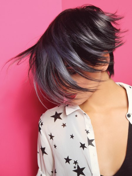 Pixie cut with a forward-falling fringe