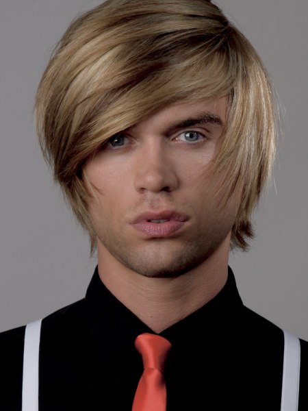 Shag haircut in a multi-tonal blonde for men