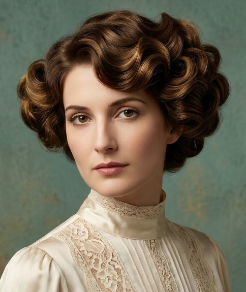 Hair styled into an Edwardian updo