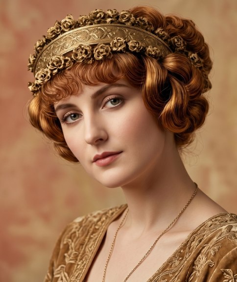 Updo with curls and a golden crown