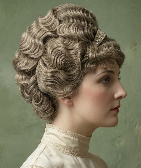 Blonde hair in a voluminous updo with curls and waves