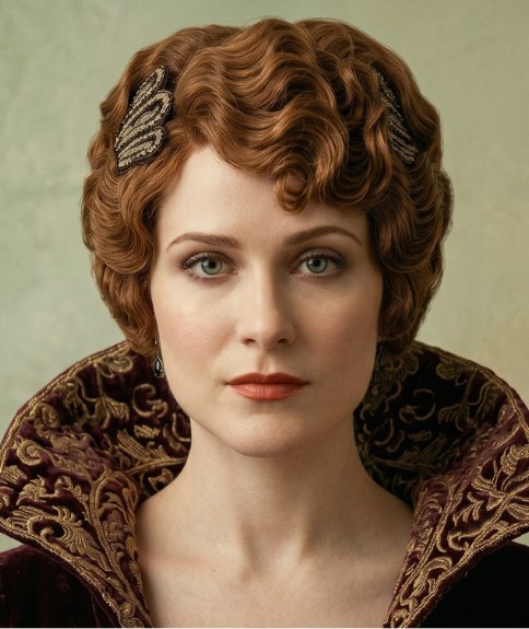 Reddish-brown hair in a fashionable updo in 1914