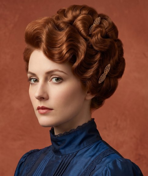 Bold 1914 updo with copper-red hair