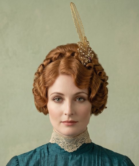 1910s updo with a gold feather