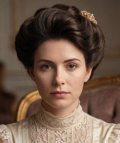 Edwardian hairstyle, adorned with a hair comb