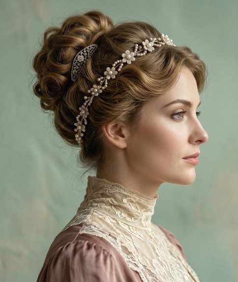 Romantic updo with a floral headband