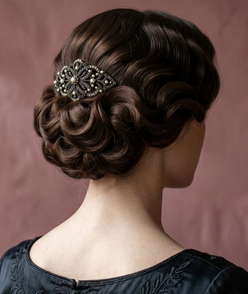 Elegant chignon with dark hair and smooth waves