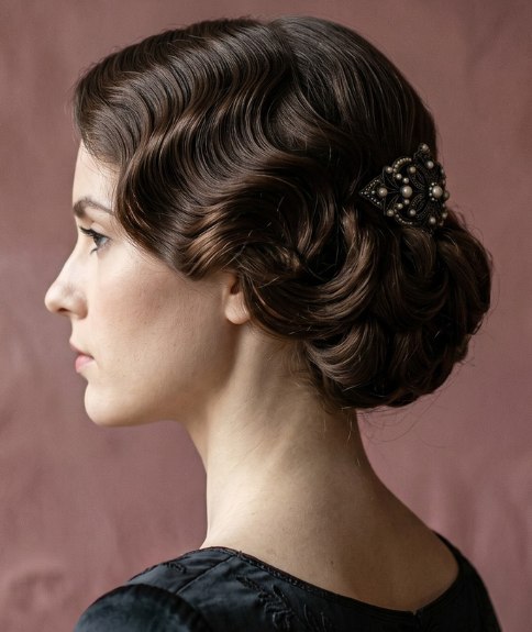 Chignon with the hair gathered low at the back