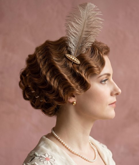 Waved 1910s hair, adorned with a feather