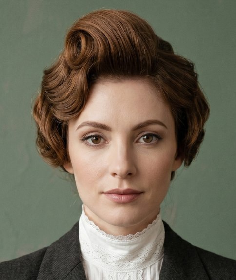 Updo with a large curl at the top of the head