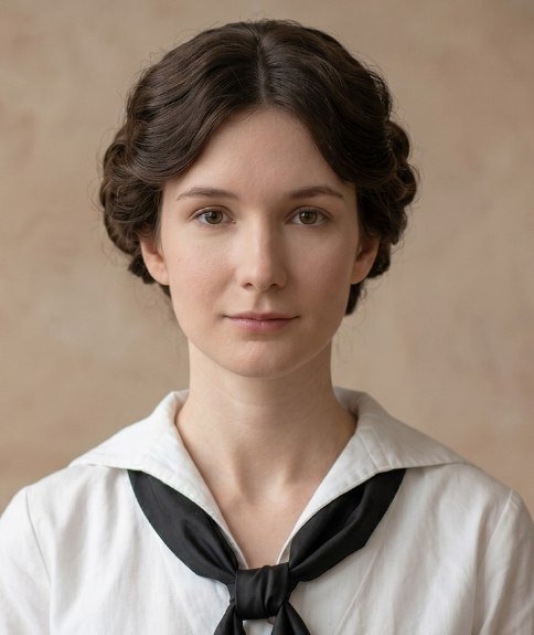 1919 hair with a bun, sailor blouse and scarf