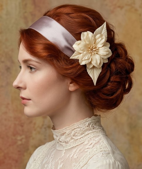 1919 hairstyle with a satin headband and a flower