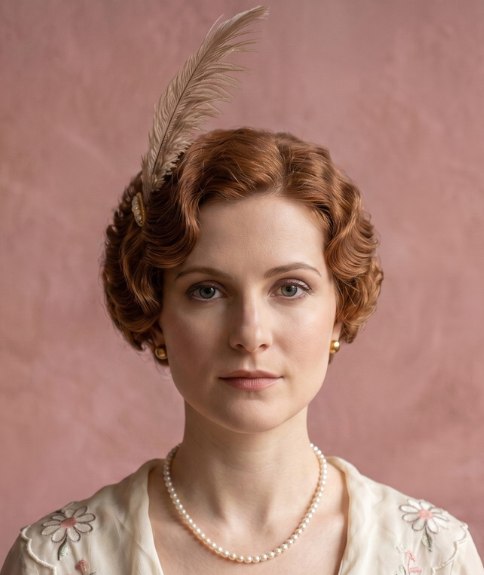 Red hair with waves and a feather
