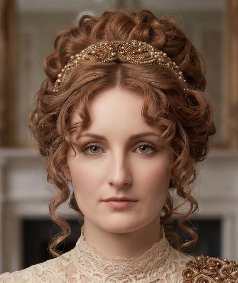 High chignon with a gold beaded headband