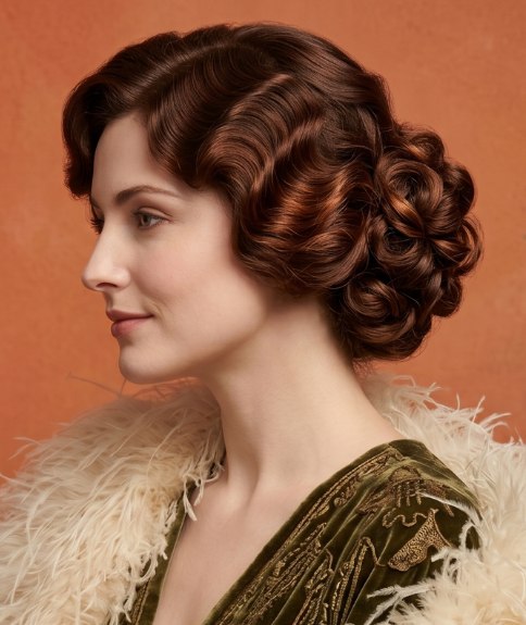 1910s hairstyle with copper hair and waves