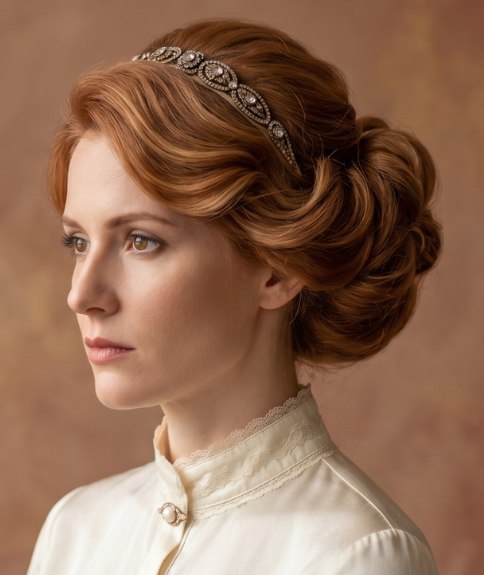 Edwardian era chignon with a headband