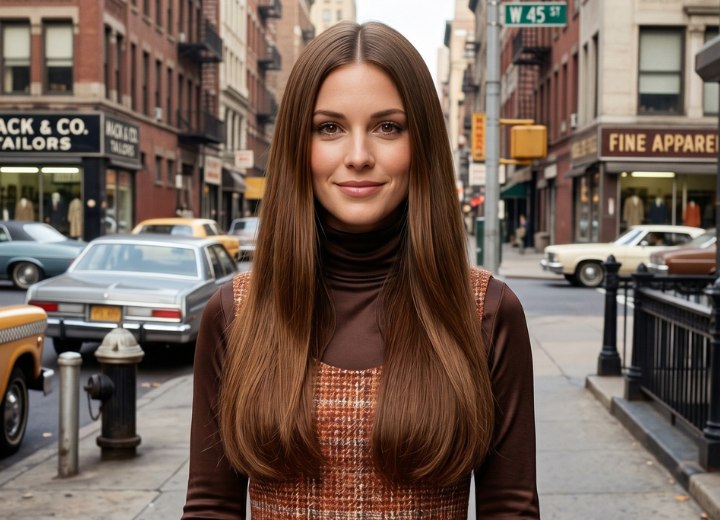 Long and straight 1970s hair with a center part