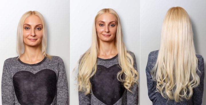 Blonde girl before and after hair extensions