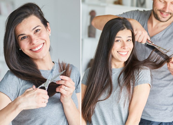 Woman cutting her own split ends and a man cutting his wife's hair