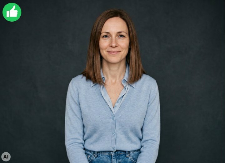 Woman wearing slimming clothes: a button-front shirt underneath a V-neck cardigan