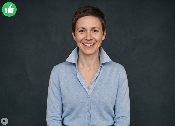 Stylish woman with a popped-up shirt collar and very short hair