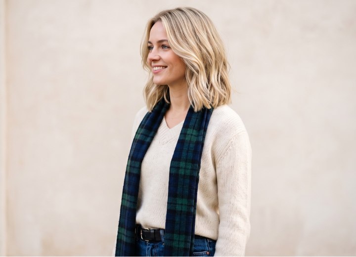 Woman who is wearing a V-neck sweater and a long scarf