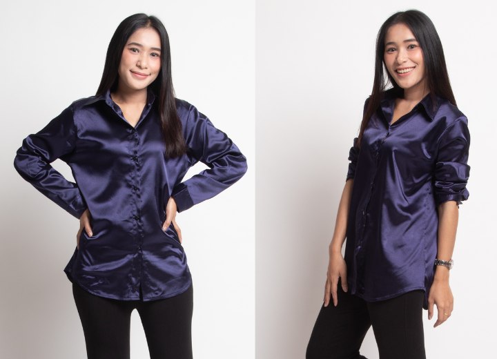 Woman wearing a satin shirt, before and after pushing the sleeves up