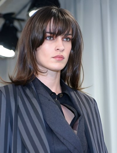 Long razor-cut hair with a fringe