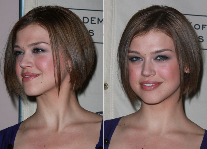 Adrianne Palicky wearing a bob hairstyle that is tapered in the back