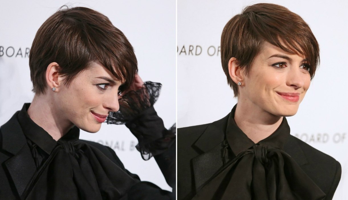 Anne Hathaway shows off urchin haircut at Stella McCartney show