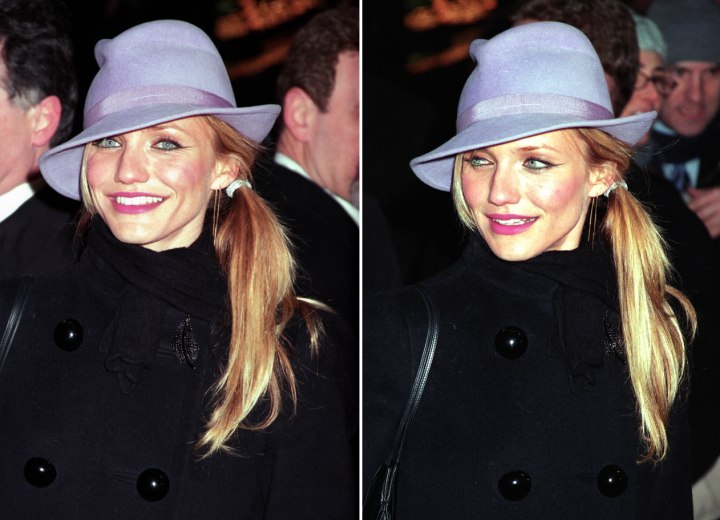 Cameron Diaz wearing a hat and her hair styled to prevent hat hair