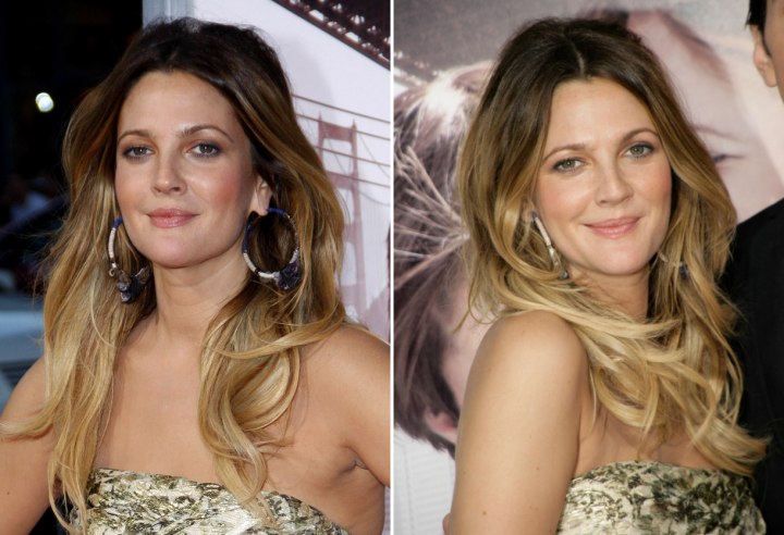 Drew Barrymore with hair that tumbles below her shoulders
