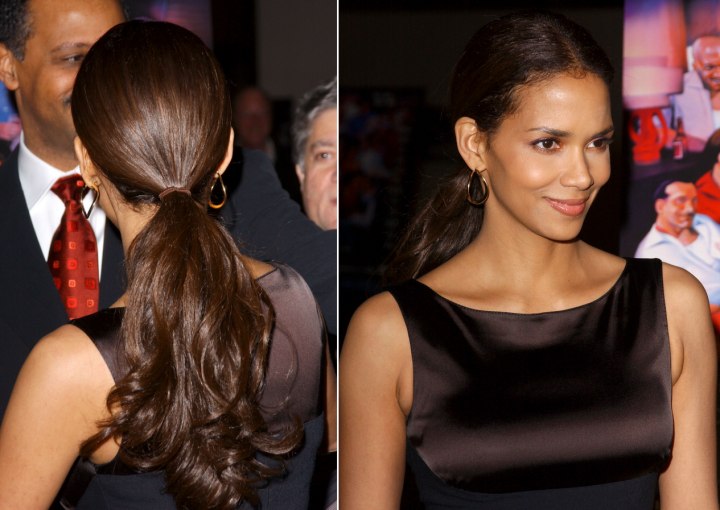 Halle Berry with a ponytail bouncing on her back