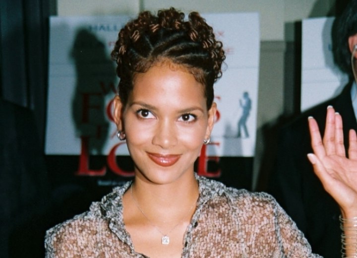 Halle Berry wearing her short hair twirled and twisted