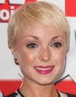 Helen George wearing her hair short in a feminine pixie