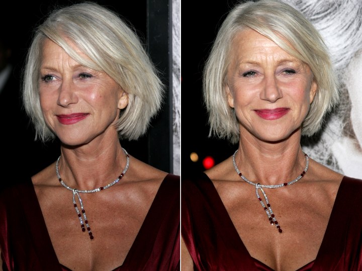 Helen Mirren with her silver hair cut to a chin length bob