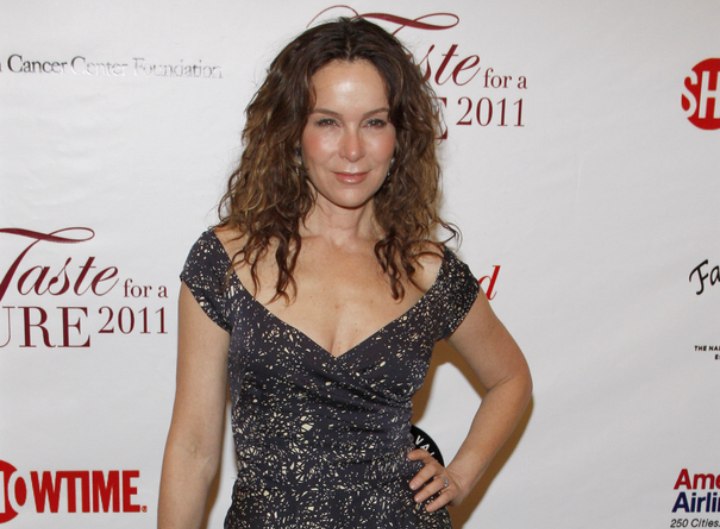 Jennifer Grey look with a gray dress