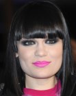 Jessie J wearing her hair in a sleek long bob with blunt bangs