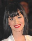 Katy Perry wearing her hair in a long above the shoulders bob with bangs
