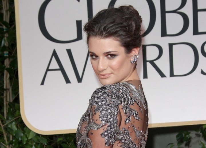 Lea Michele wearing her hair in a soft and romantic up-do