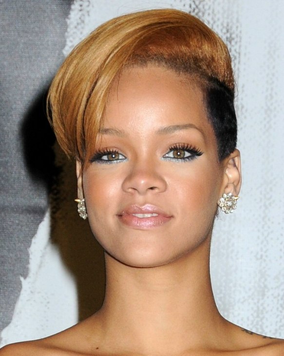 Rihanna's new haircut with the hair clipped around her ears