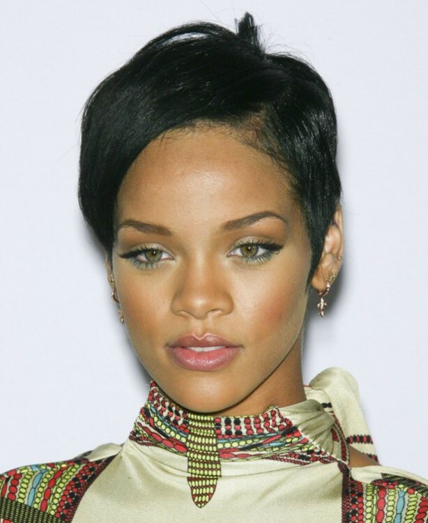 Rihanna's hair in a short cropped style and contoured 