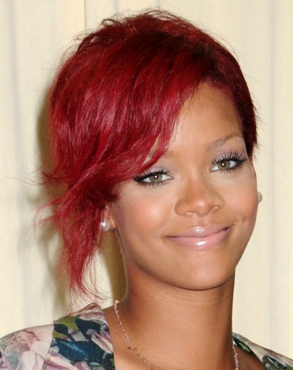 Rihanna with short cherry color or red hair