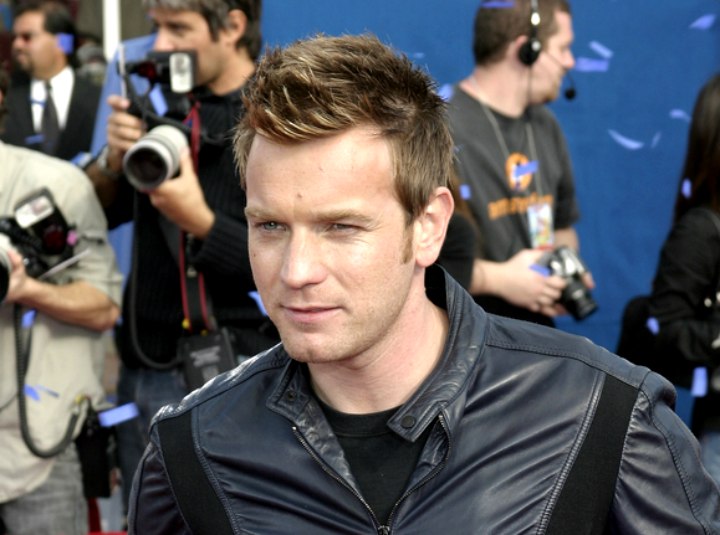 Ewan McGregor sporting a trendy faux hawk hairstyle