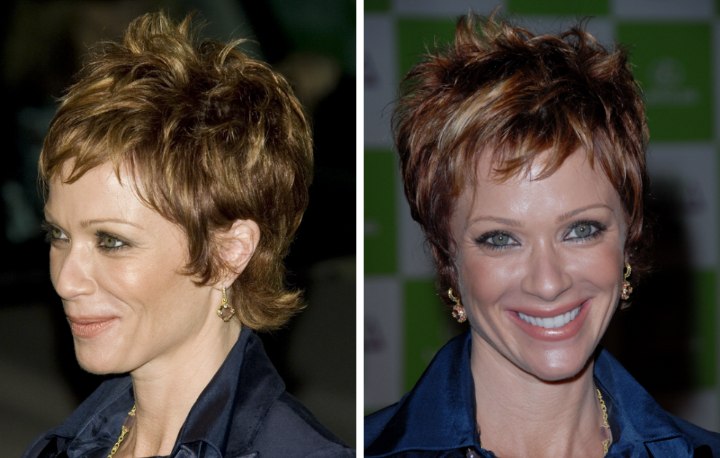 Lauren Holly with very short pixie cut hair