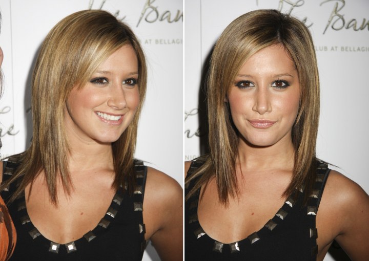 Ashley Tisdale with her hair styled straigh