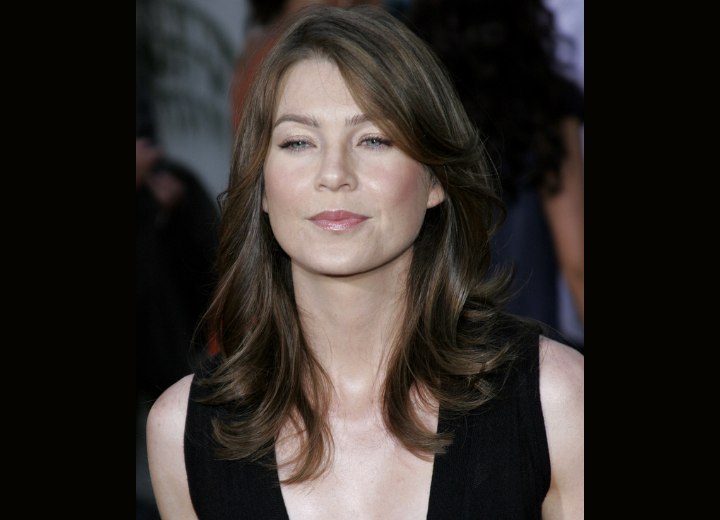 Ellen Pompeo wearing her brown hair long with layers